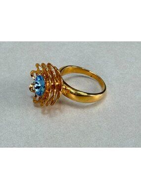 Vintage Gold Tone Blue Solitaire Filigree Ring Estate Jewelry Size 9 Signed